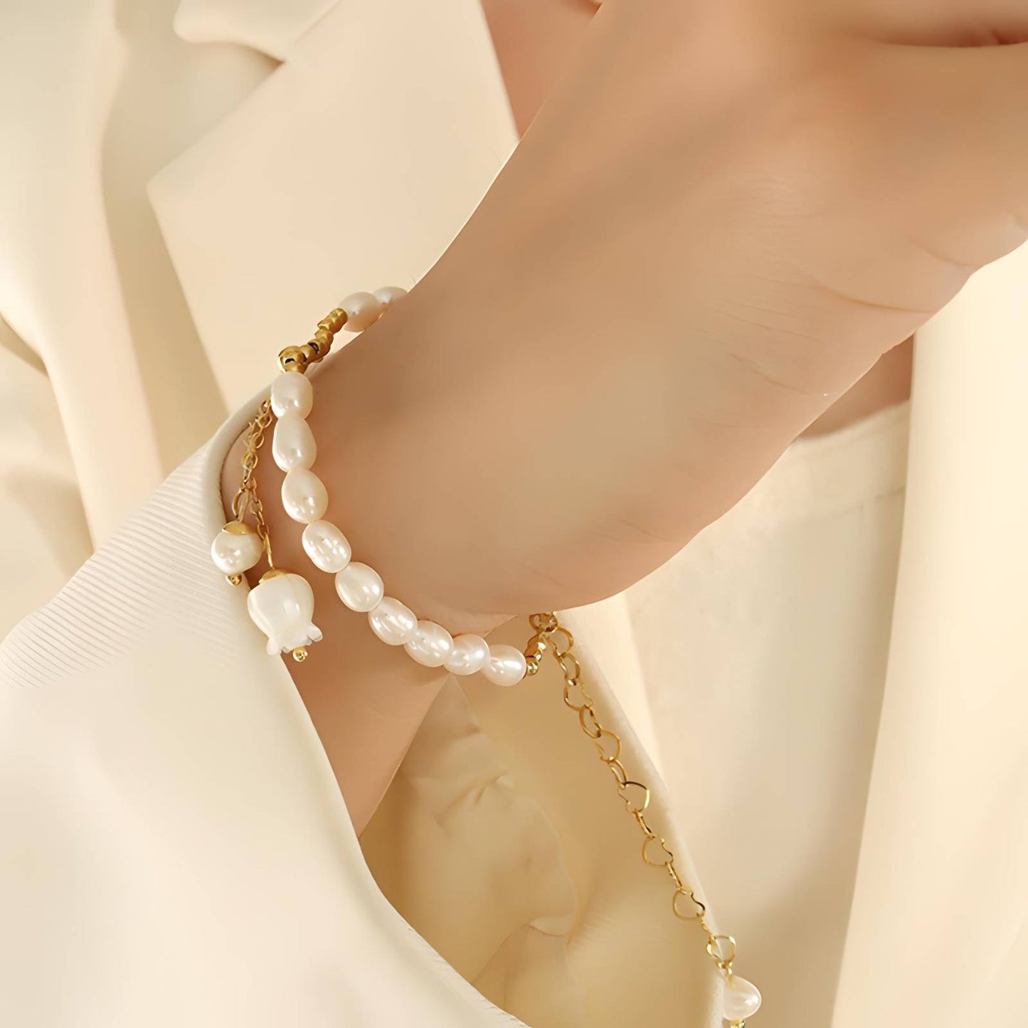 18K Gold Plated Flower Pearl Bracelet