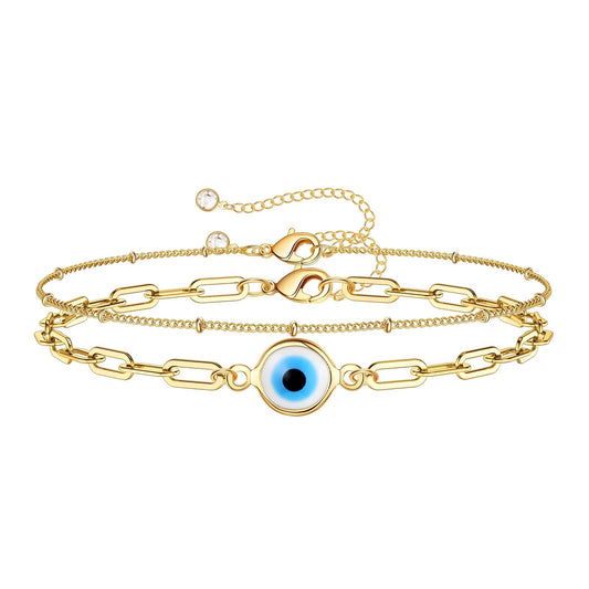 18K Gold Plated Blue Evil Eye Link 2 Bracelet Set
