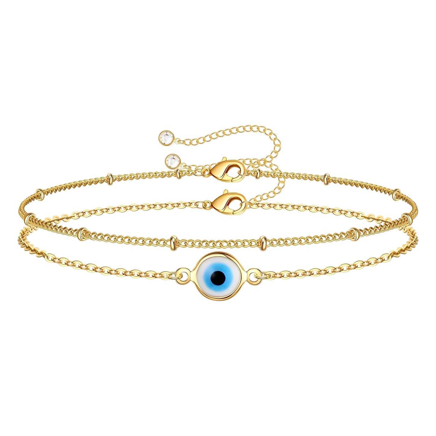 18K Gold Plated Dainty Chain Evil Eye 2 Bracelet Set