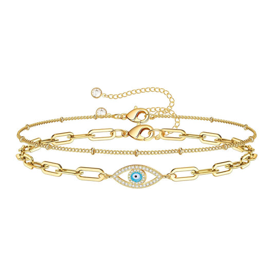 18K Gold Plated Evil Eye CZ 2 Bracelet Set