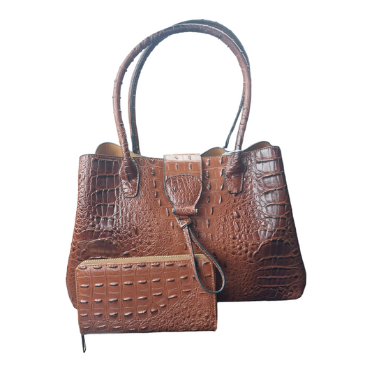 Crocodile Print Vegan Leather Satchel and Wallet Set