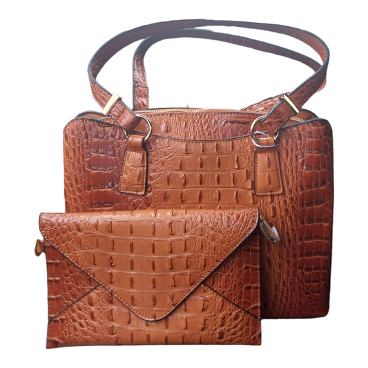 Crocodile Print Vegan Leather Satchel and Clutch Set